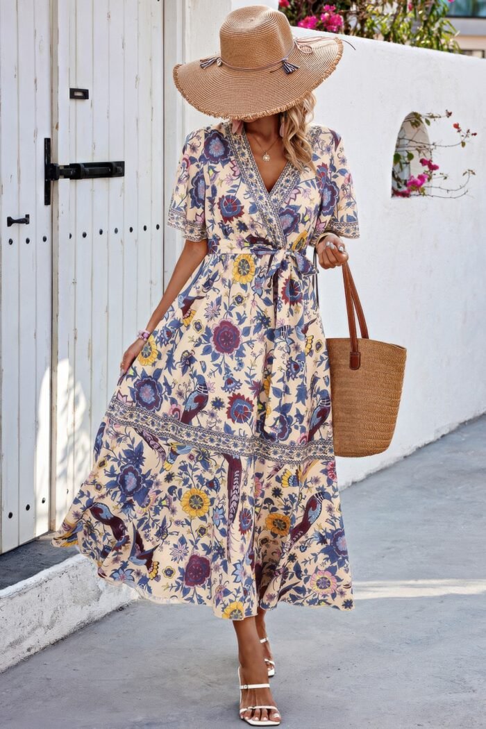 Floral print lace trim cross belt a line dress - image 1