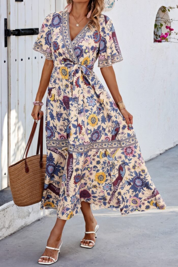 Floral print lace trim cross belt a line dress - image 3