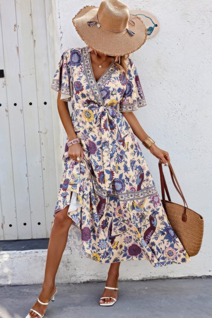 Floral print lace trim cross belt a line dress - image 5