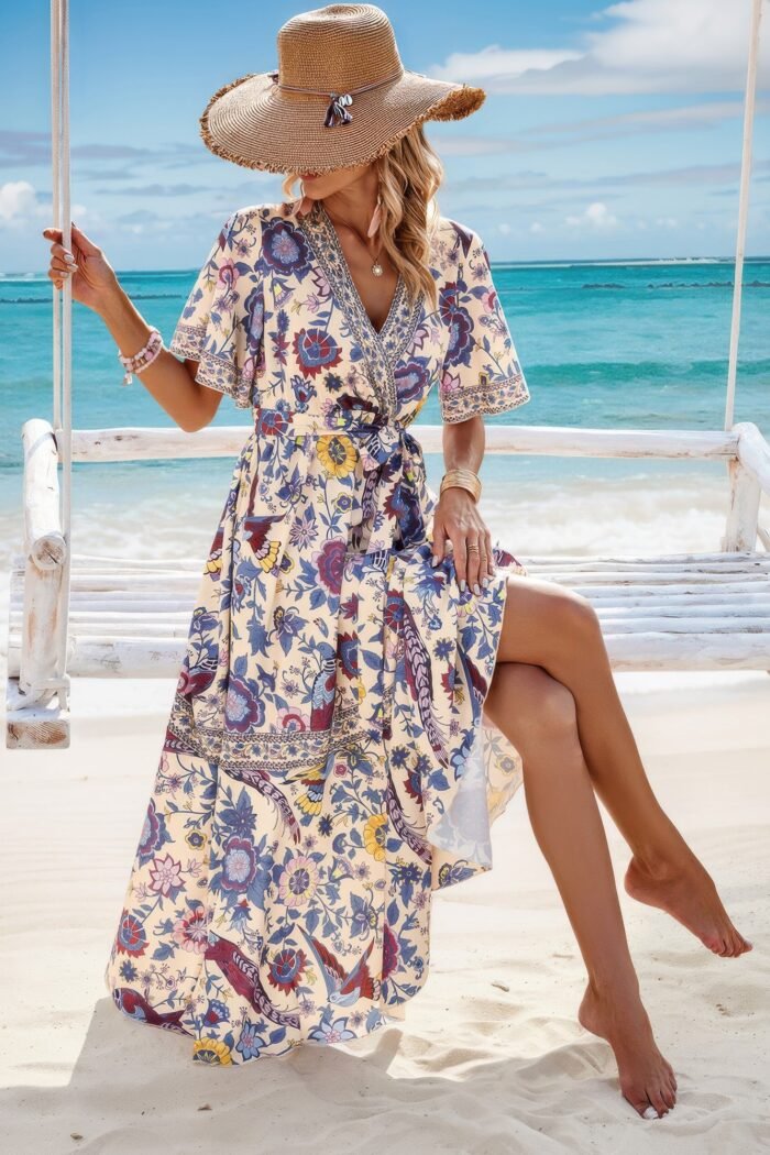 Floral print lace trim cross belt a line dress - image 6