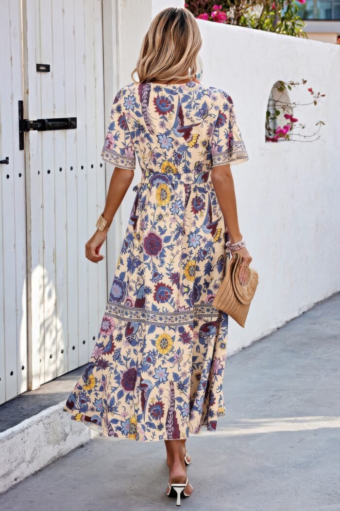Floral print lace trim cross belt a line dress - image 8