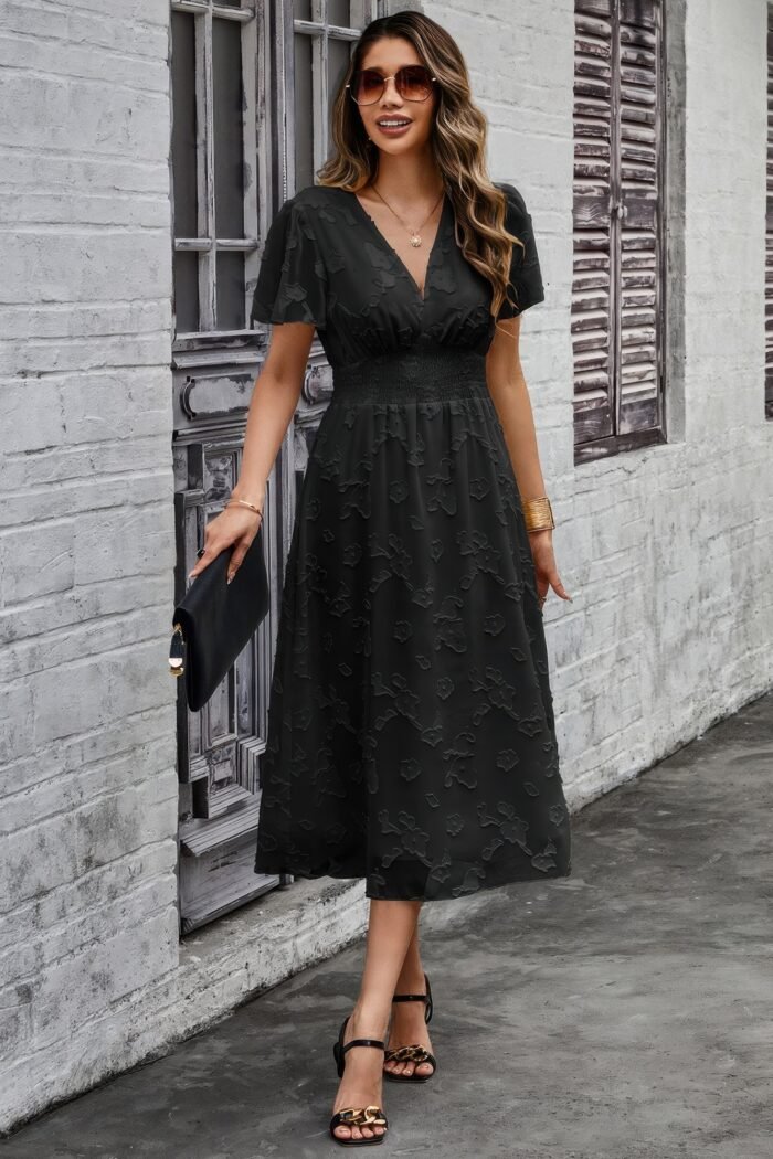 Deep v ruched elastic belt smocked midi dress - image 2