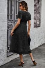 Deep V Ruched Elastic Belt Smocked Midi Dress - Image 3