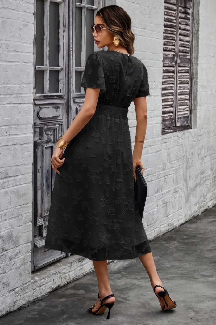 Deep v ruched elastic belt smocked midi dress - image 3