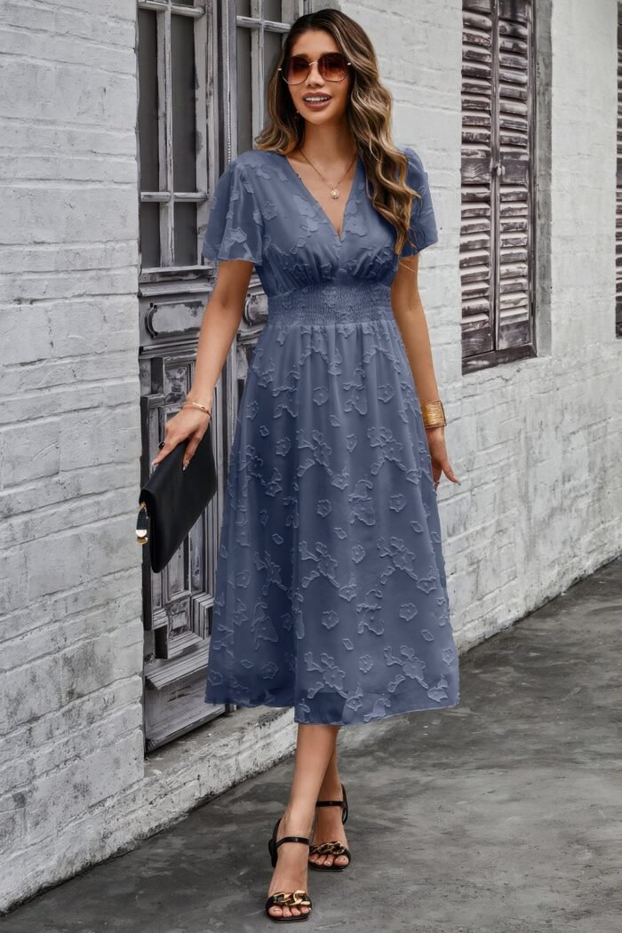 Deep v ruched elastic belt smocked midi dress - image 4