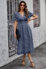 Deep V Ruched Elastic Belt Smocked Midi Dress - Image 5