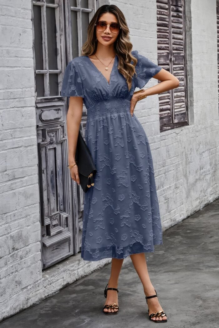 Deep v ruched elastic belt smocked midi dress - image 5