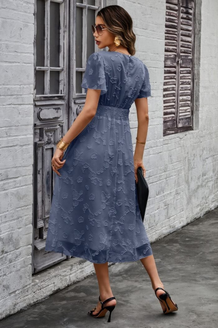 Deep v ruched elastic belt smocked midi dress - image 6