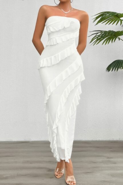 Solid Off Shoulder Ruffle Sleeveless Maxi Dress