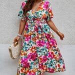 Plus Size Floral Print Cross Belt Fit Dress
