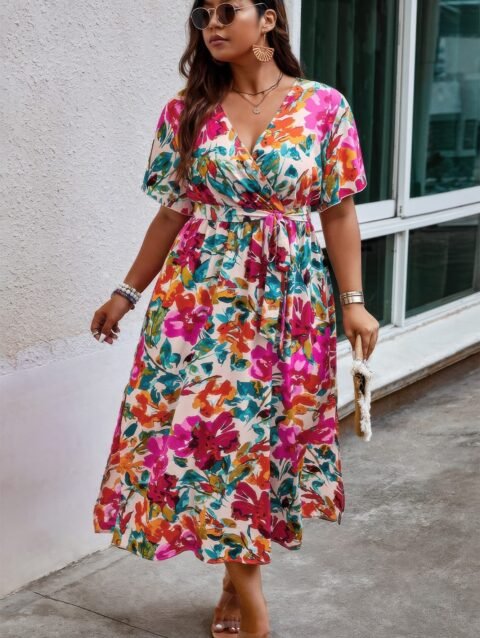 Plus Size Floral Print Cross Belt Fit Dress