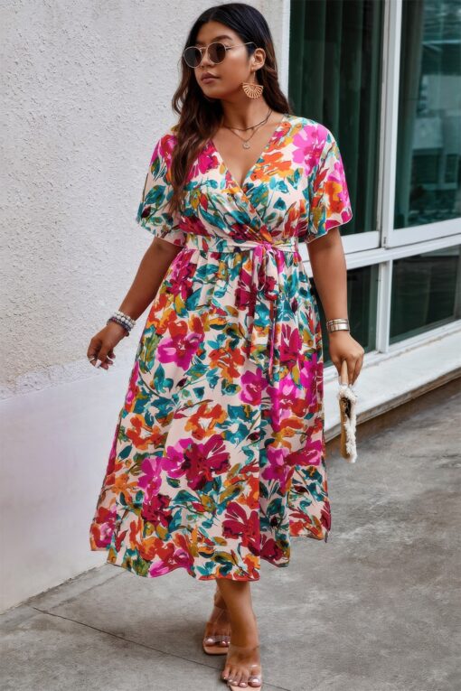 Plus Size Floral Print Cross Belt Fit Dress - Image 2