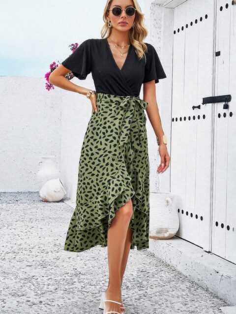 Cross Color Block Lace V Neck Belt Print Dress