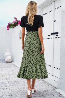 Cross Color Block Lace V Neck Belt Print Dress