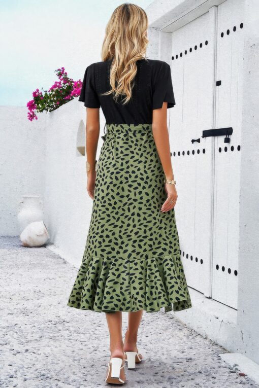 Cross Color Block Lace V Neck Belt Print Dress - Image 5