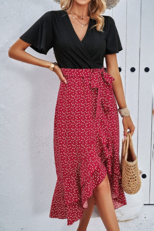 Cross Color Block Lace V Neck Belt Print Dress - Image 7