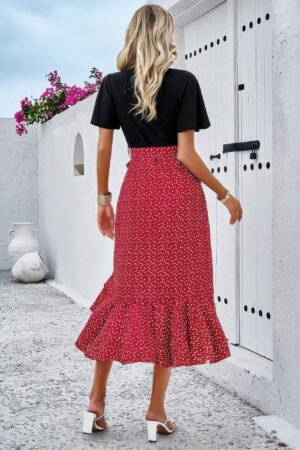 Cross Color Block Lace V Neck Belt Print Dress