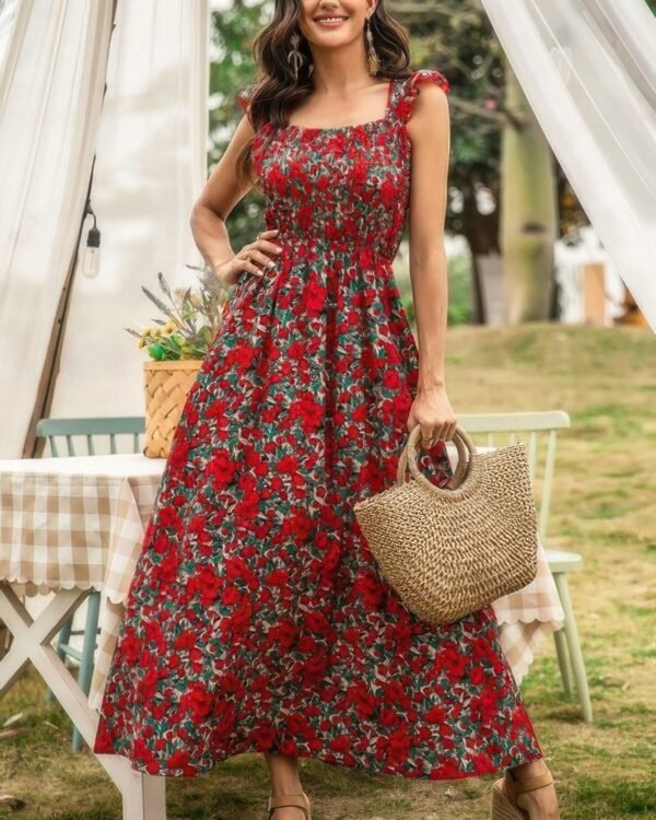 Floral Shirred Sleeveless High Waist A Line Dress