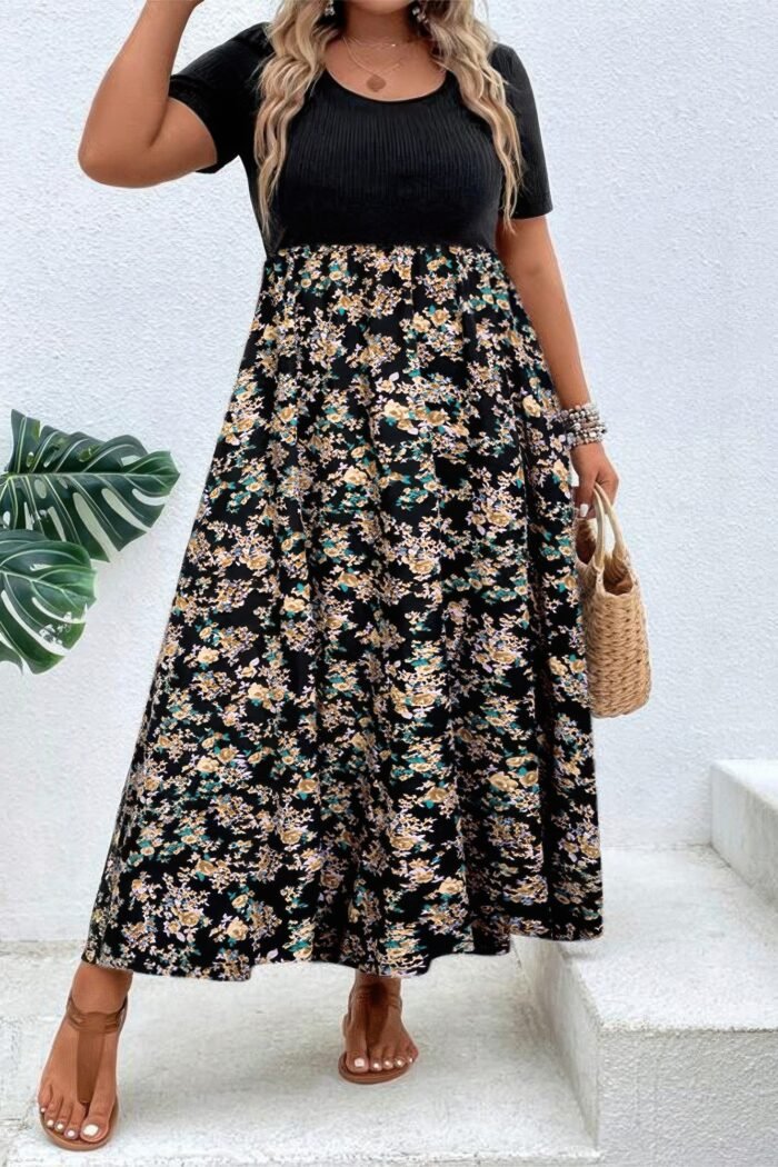 Plus floral print elastic fit high waist dress