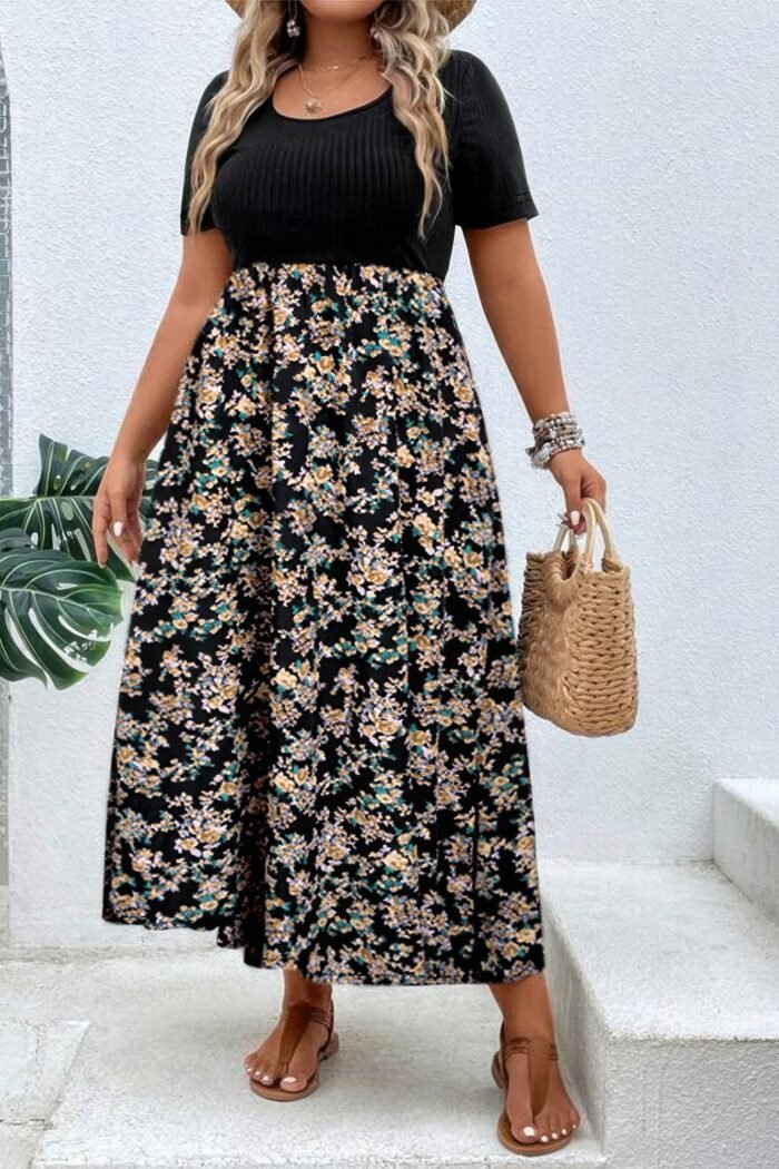 Plus floral print elastic fit high waist dress