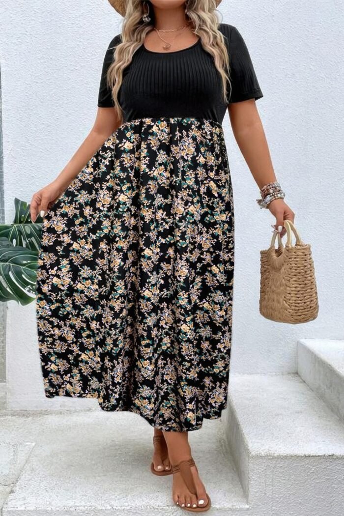 Plus floral print elastic fit high waist dress