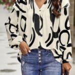 Floral V Neck Button Ruffle Long Sleeve Top