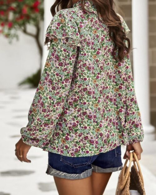 floral v neck button ruffle long sleeve top