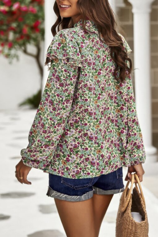 Floral V Neck Button Ruffle Long Sleeve Top - Image 9