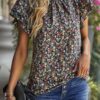 Floral Mock Neck Ruffle Short Sleeve Shirt