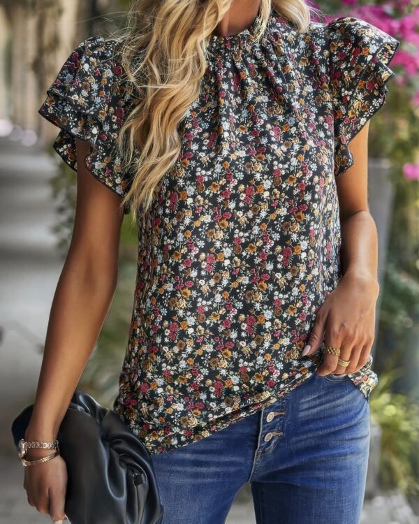 Floral Mock Neck Ruffle Short Sleeve Shirt