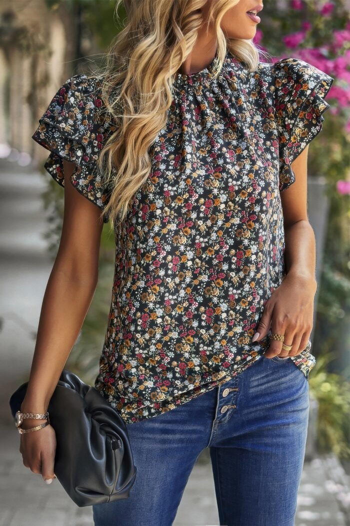 Floral mock neck ruffle short sleeve shirt - image 1