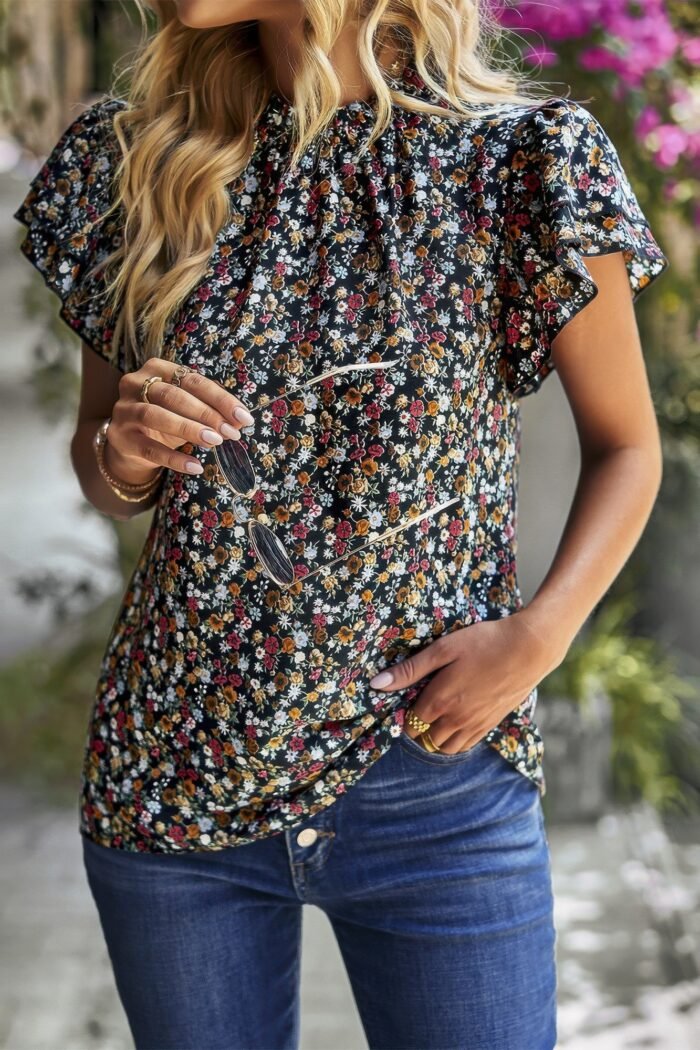 Floral mock neck ruffle short sleeve shirt - image 2