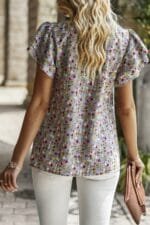 Floral Mock Neck Ruffle Short Sleeve Shirt