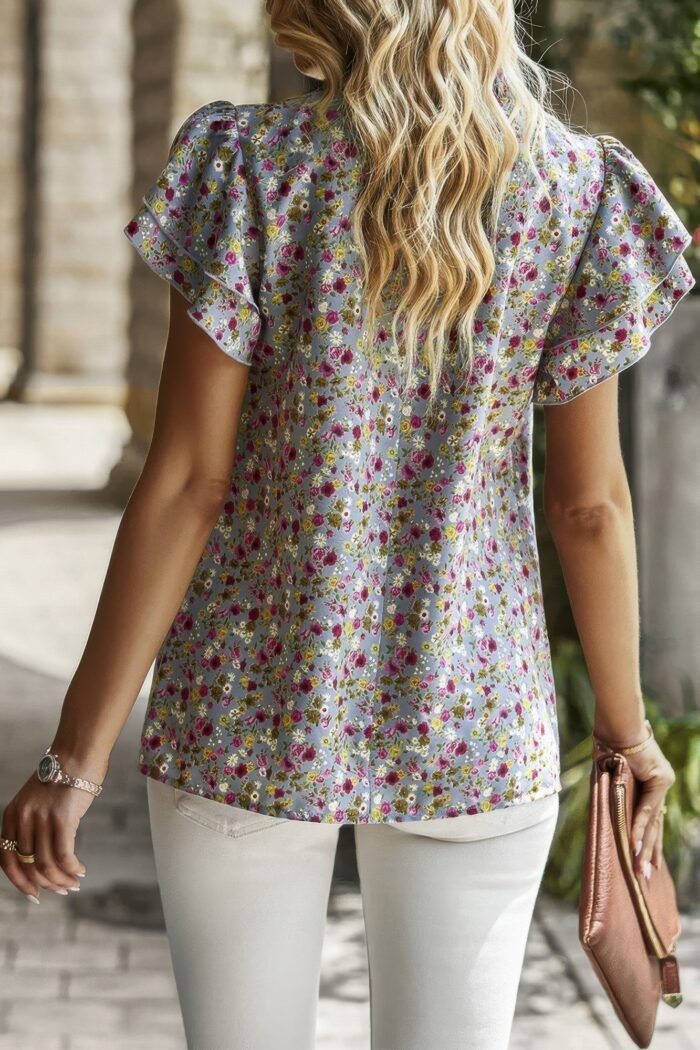 Floral mock neck ruffle short sleeve shirt - image 4