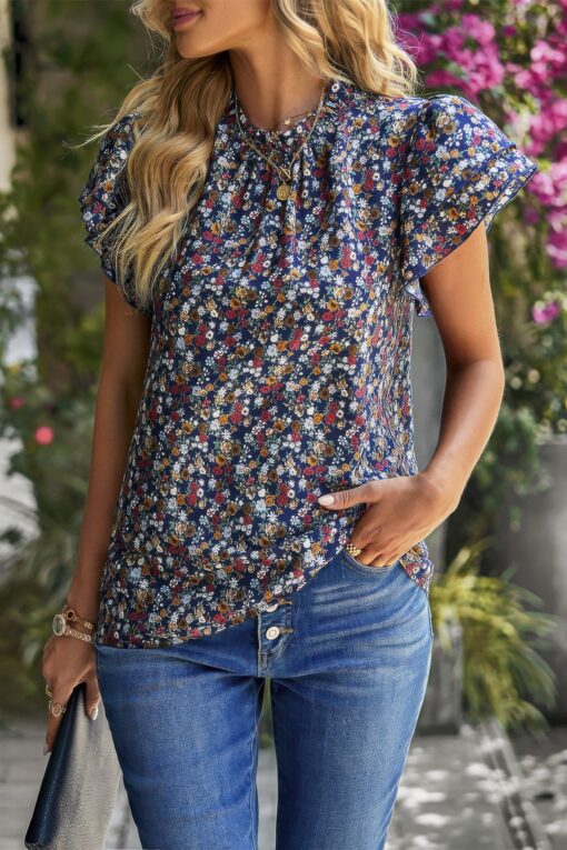 Floral Mock Neck Ruffle Short Sleeve Shirt - Image 6