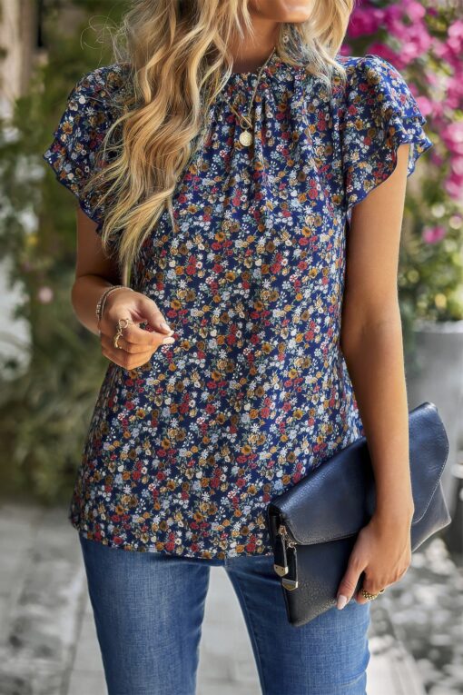 Floral Mock Neck Ruffle Short Sleeve Shirt - Image 7