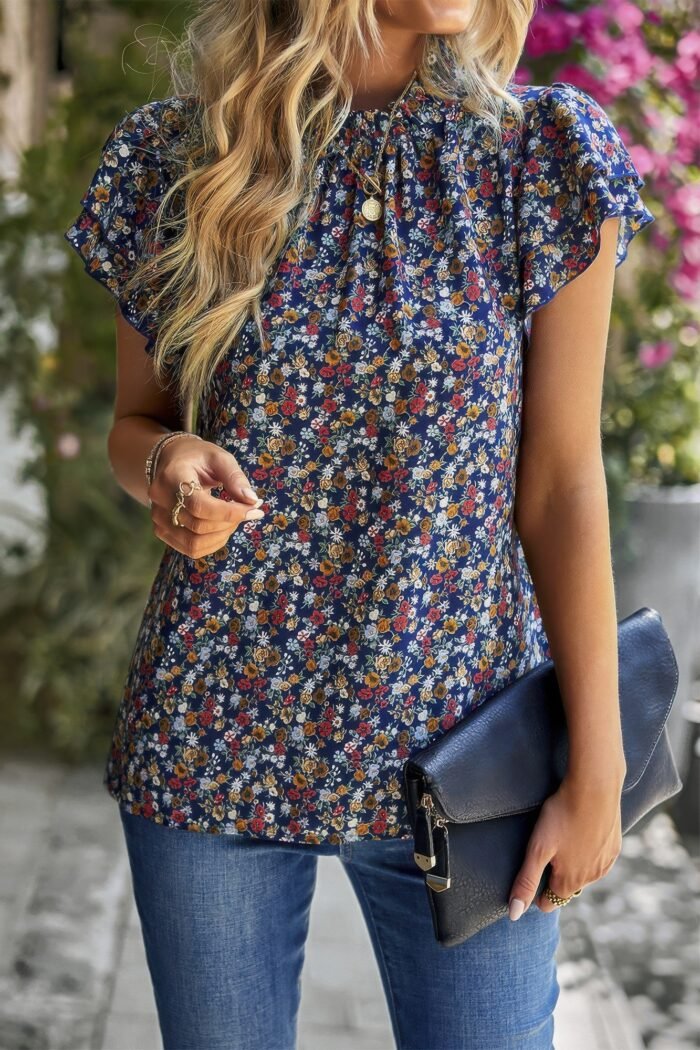 Floral mock neck ruffle short sleeve shirt - image 7