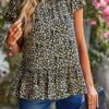 Ruffle Frill Trim Mock Neck Short Sleeve Shirt