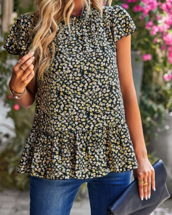 Ruffle Frill Trim Mock Neck Short Sleeve Shirt