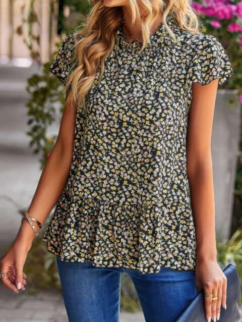 Ruffle Frill Trim Mock Neck Short Sleeve Shirt