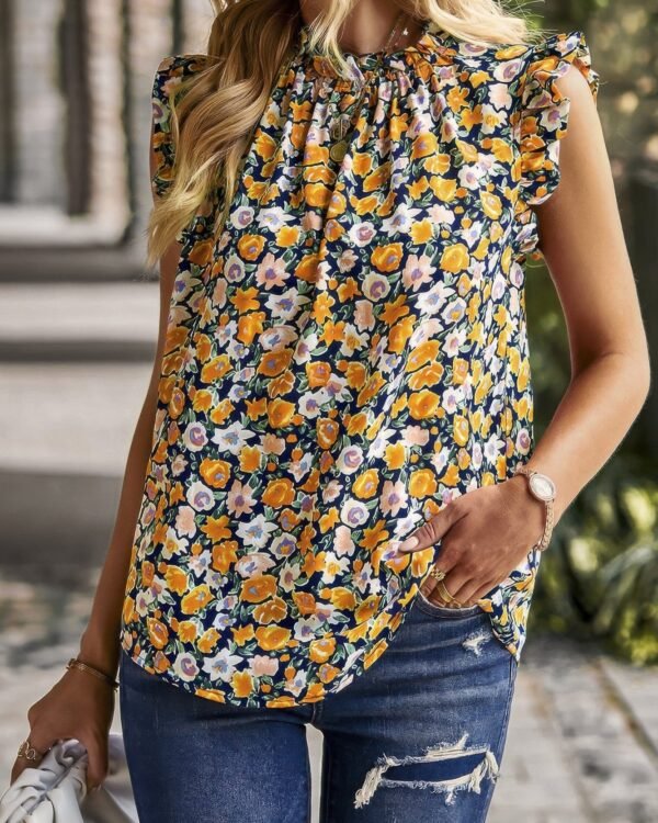 Boho Floral Sleeveless Loose Fit Collar Top