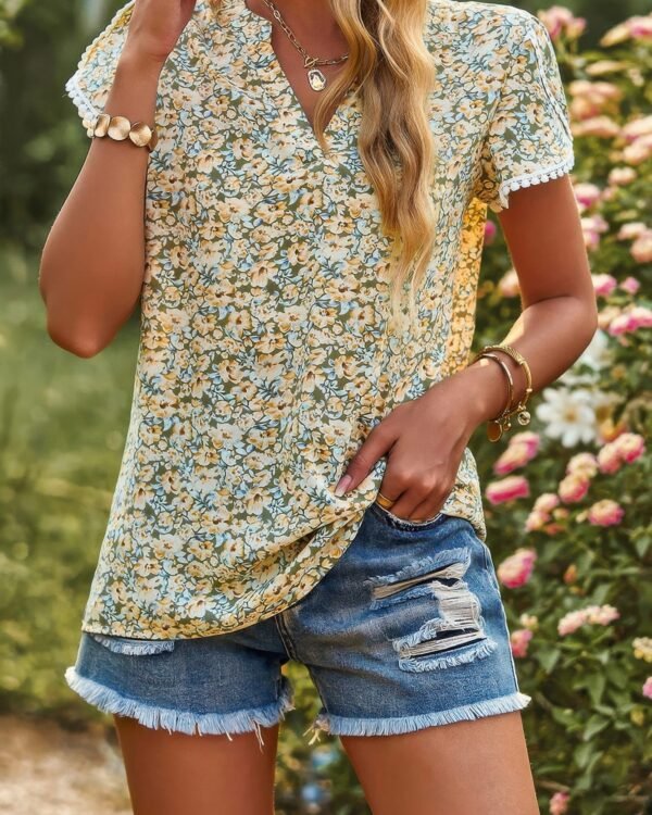 Crewneck Lace Crochet Short Sleeve Loose Blouse