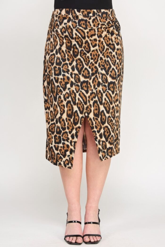 Plus leopard prt asym skirt w/ buckle - image 1