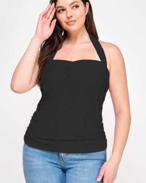Plus Halter Tie Crinkle Knit Top