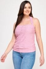 Plus Halter Tie Crinkle Knit Top