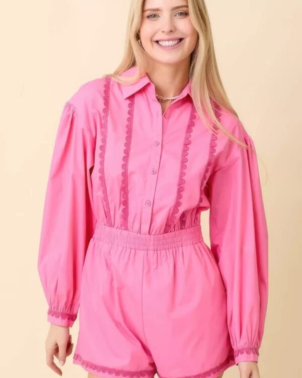 Long Sleeve Romper With Contrasting Scallop Lace