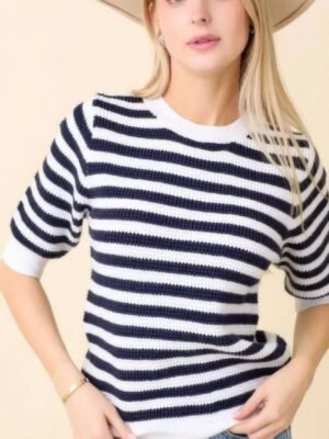 Short Sleeve Sweater Knit Stripe Top