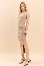Halter Neck Ruched Asymeettrical Side Slit Dress - Image 2