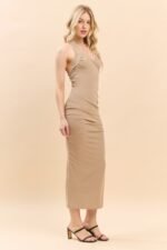 Halter Neck Ruched Asymeettrical Side Slit Dress - Image 3