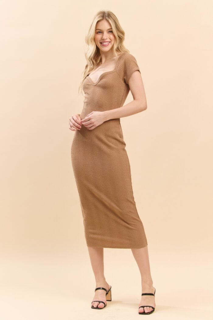 Sweet Heart Neck Bubble Rib Short Sleeve Dress - Image 1
